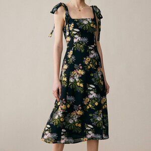Rhioas Tie Strap Black Floral Print Midi Dress - Small